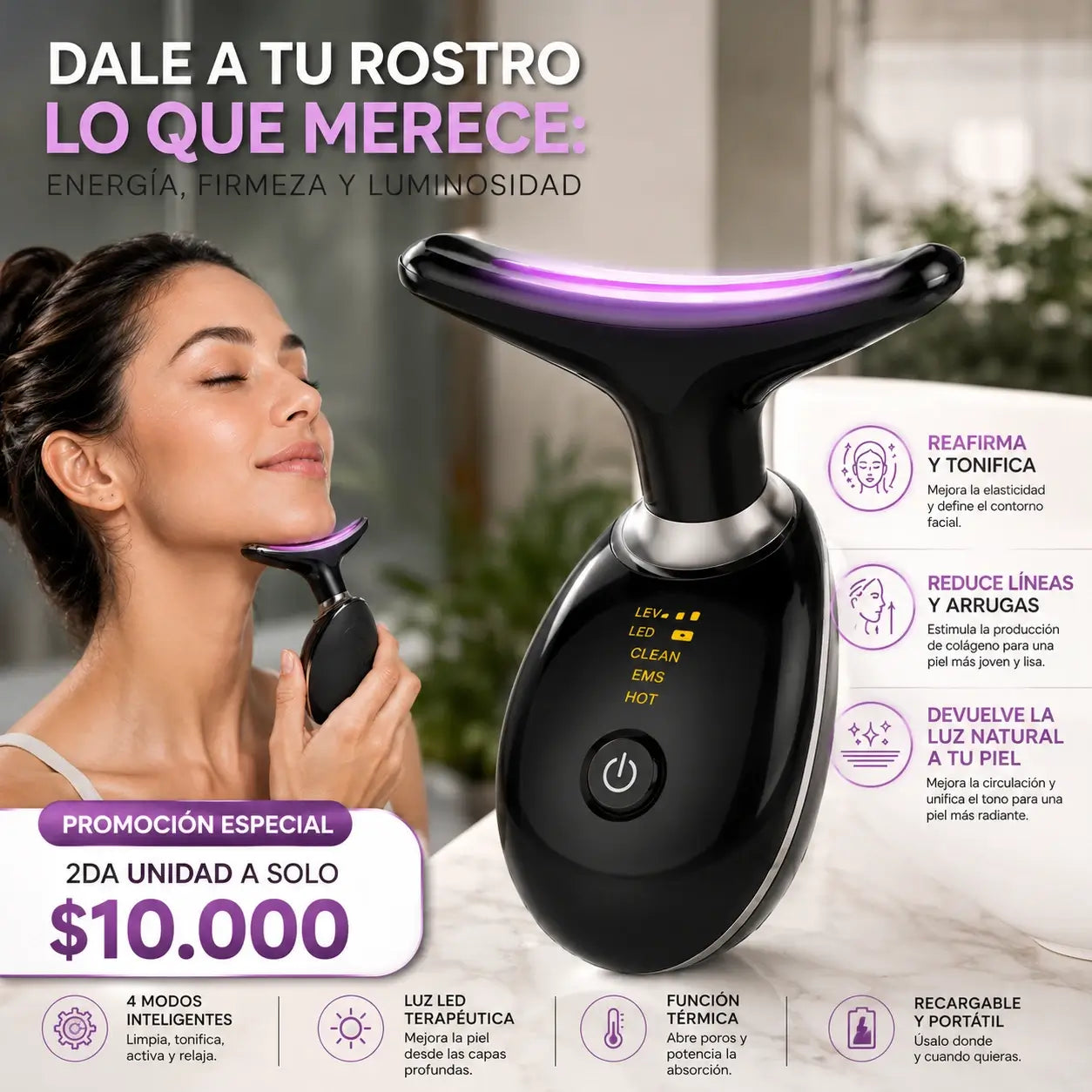 GlowPro 3 en 1 - Limpia, tonifica y masajea tu rostro